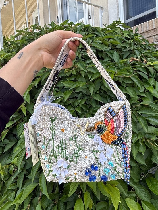 Handcradted in India Handbags - Viral TikTok Beaded Hummingbird Ivory Handbag with Colorful Floral Embellishment